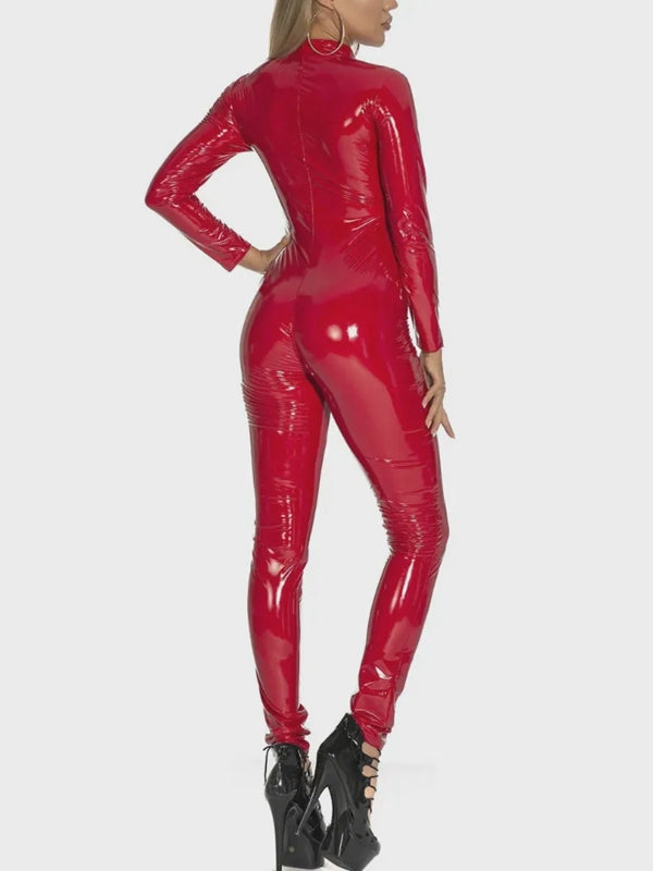 Zipper Glossy PU Faux Leather Jumpsuit