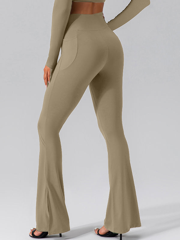 V-förmige Taille Tasche Einfarbig Split High-waisted Schlaghose