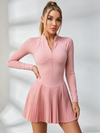 Long-Sleeve Half-Zip Pleated Tennis Dress with Built