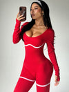 ZASUWA Female Backless Ribbed Deep V Back Long Sleeves Jumpsuit