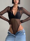 ZASUWA Female Zipper-Accent Sexy Sheer Mesh Long-Sleeve Bodysuit