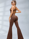 ZASUWA Female Sexy Leopard Print Hollow Out Cross Back Deep V Back Jumpsuit