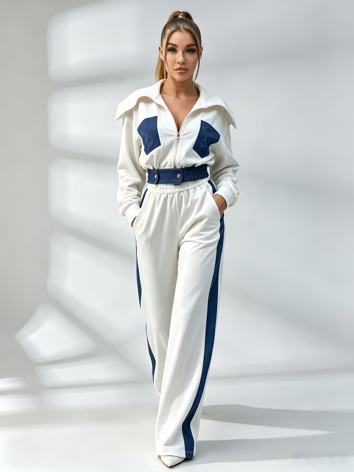 Sexy Denim Contrast Color Pocket Casual Tracksuit