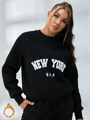 ZASUWA Feamle Letters Print  Fleece Hoodie