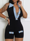 ZASUWA Female Stand Up Collar Contrast Color with Metal Buttons Backless Romper