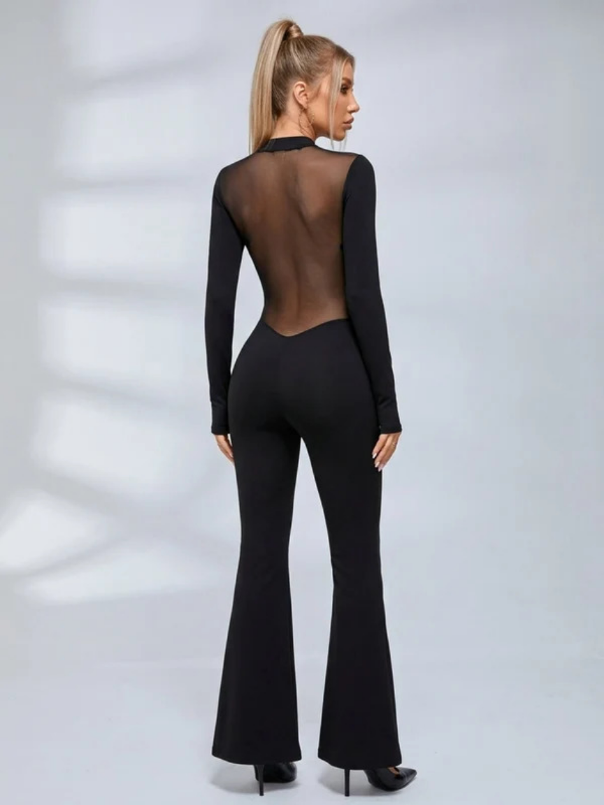 Sexy Sheer Mesh Back Deep V Back Scrunch Bum Zipper Jumpsuit