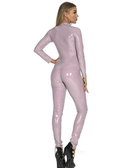 Zipper Glossy PU Faux Leather Jumpsuit