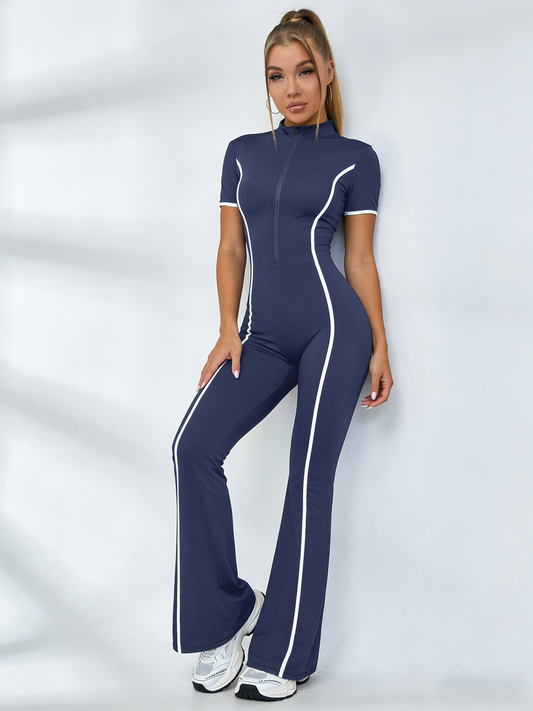 Contrast Color Stripes Zipper Jumpsuit