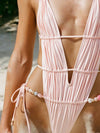ZASUWA Female Sexy Folds Deep V Collar Lace-up Scrunch Bum Backless Beach One Piece