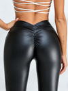 🖤ZASUWA Female Faux Leather Deep V Back Scrunch Bum Leggings