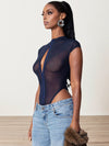 ZASUWA Female Sexy Mesh Metal Buckle Short Bodysuit