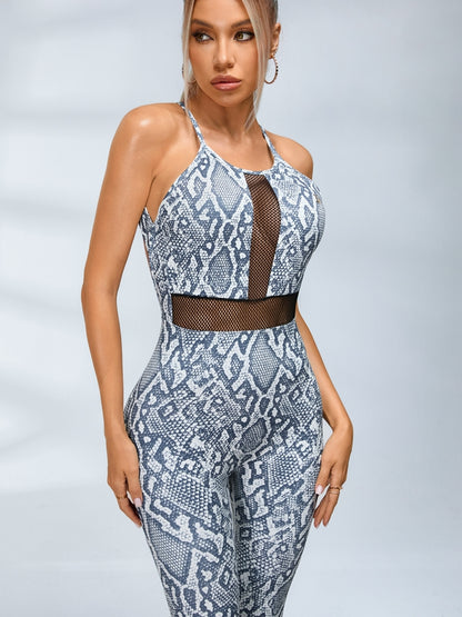 Sexy rückenfreie Overall mit Schlangenprint und Fischnetz
