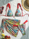 ZASUWA Female Sexy Flowers Print Contrast Color Mesh 3-Pieces Bikini Set