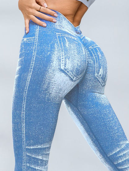 Deep V Back Denim Scrunch Bum Leggings