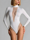 🖤ZASUWA Female Sexy Deep V See-Through Mesh Patchwork Long Sleeve Bodysuit