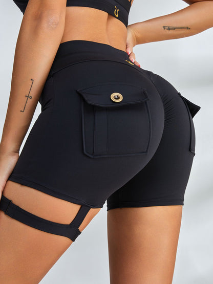 Unique Cut Out Pocket Mesh Scrunch Bum Spandex Gym Booty Shorts