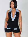 ZASUWA Female Stand Up Collar Contrast Color with Metal Buttons Backless Romper