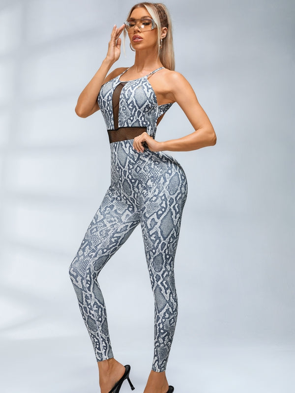 Sexy rückenfreie Overall mit Schlangenprint und Fischnetz
