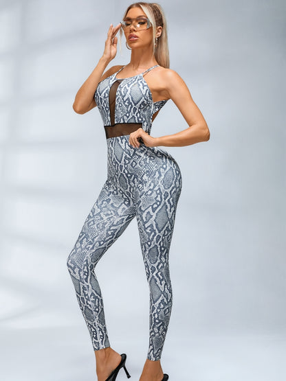 Sexy rückenfreie Overall mit Schlangenprint und Fischnetz