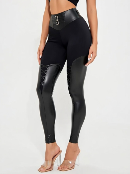 Crisscross Halter Cutout Top & Faux Leather Patchwork Pants 2-Piece Set