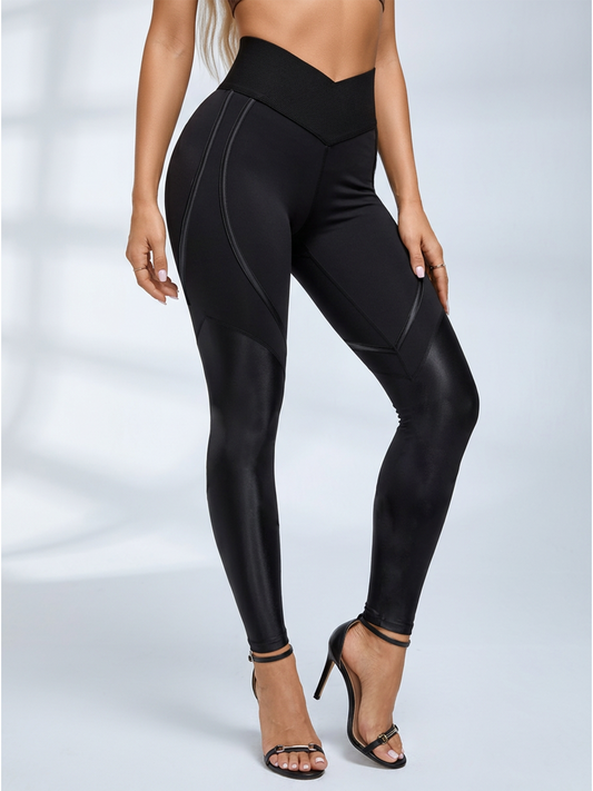 V‑Waist Faux Leather Patchwork High Waist Leggings