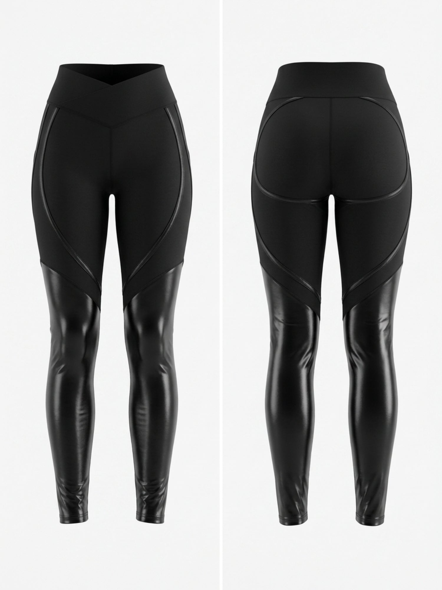V‑Waist Faux Leather Patchwork High Waist Leggings