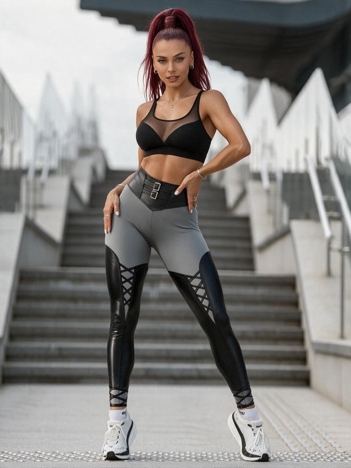 Double Buckle High Waist Faux Leather Lace-up Leggings