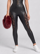 Women's Black Faux Leather Lace Panel High Waist Skinny Leggings