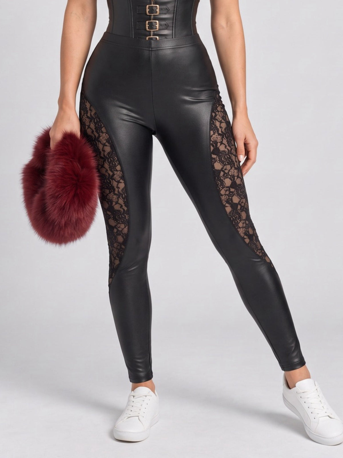 Women's Black Faux Leather Lace Panel High Waist Skinny Leggings