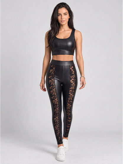 Women's Faux Leather & Lace Panel High Waist Leggings