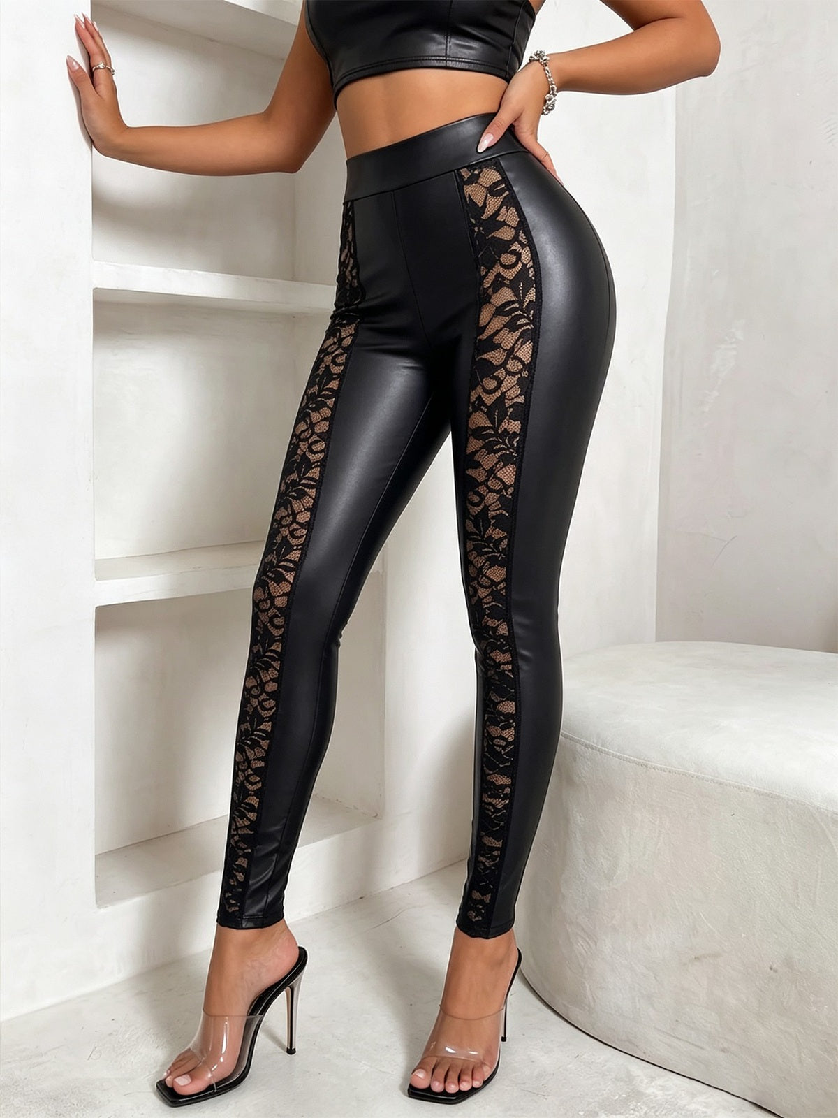 Women's Faux Leather & Lace Panel High Waist Leggings