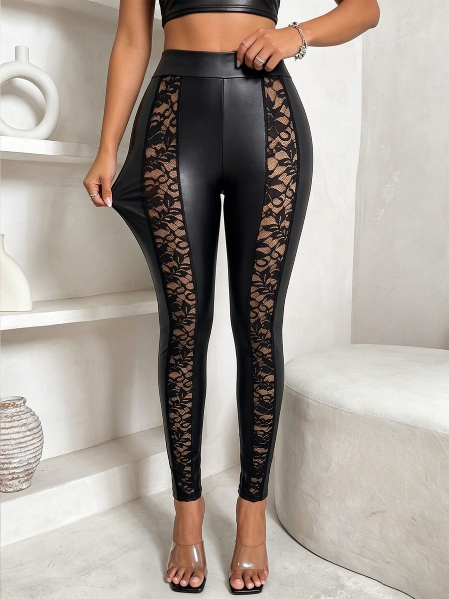 Women's Faux Leather & Lace Panel High Waist Leggings