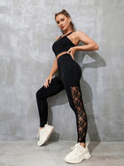 Women's High-Waisted Lace Panel Active Leggings with Pockets