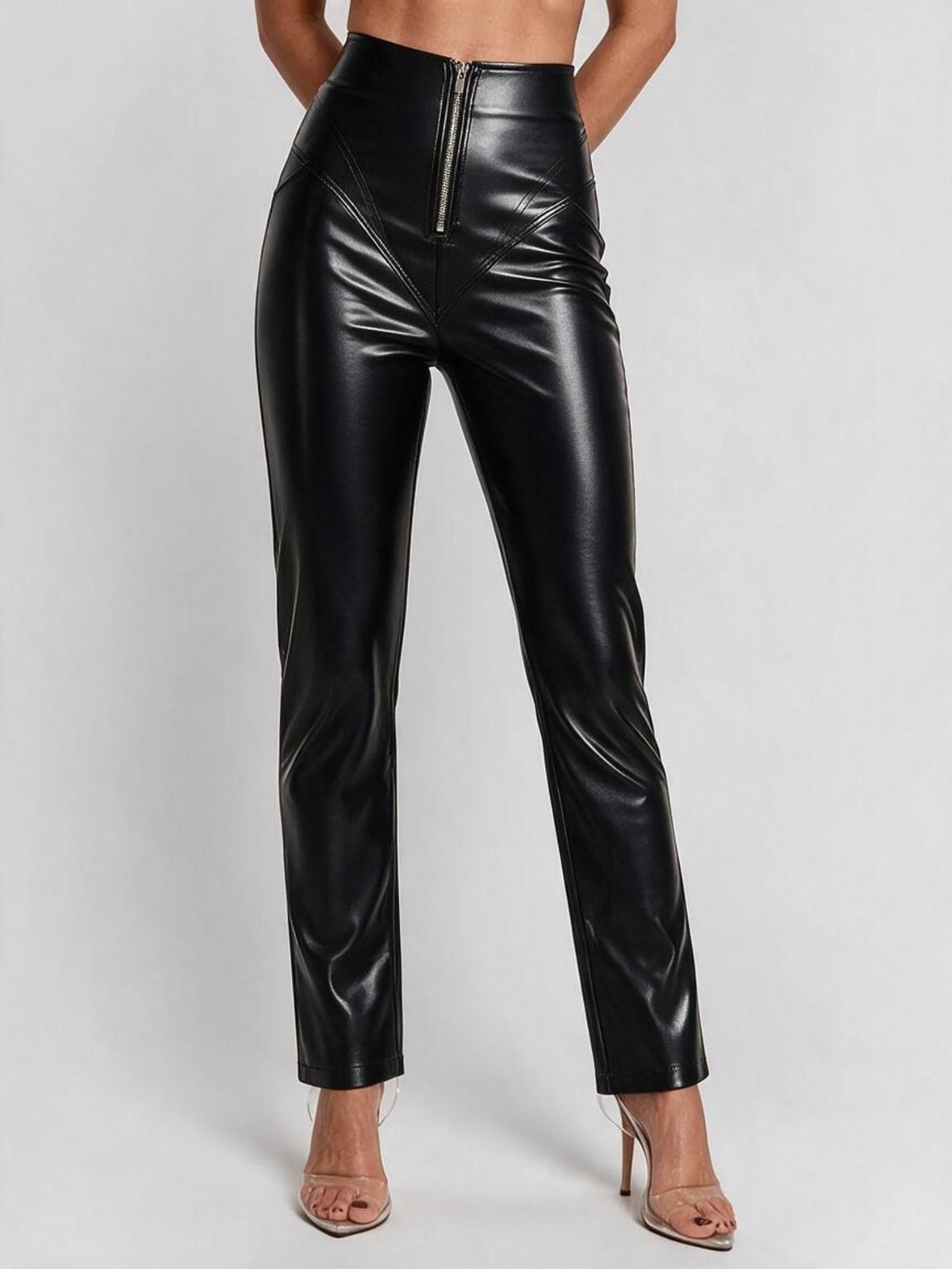 High-Waist Liquid Leather Front Zip Slim Fit Pants