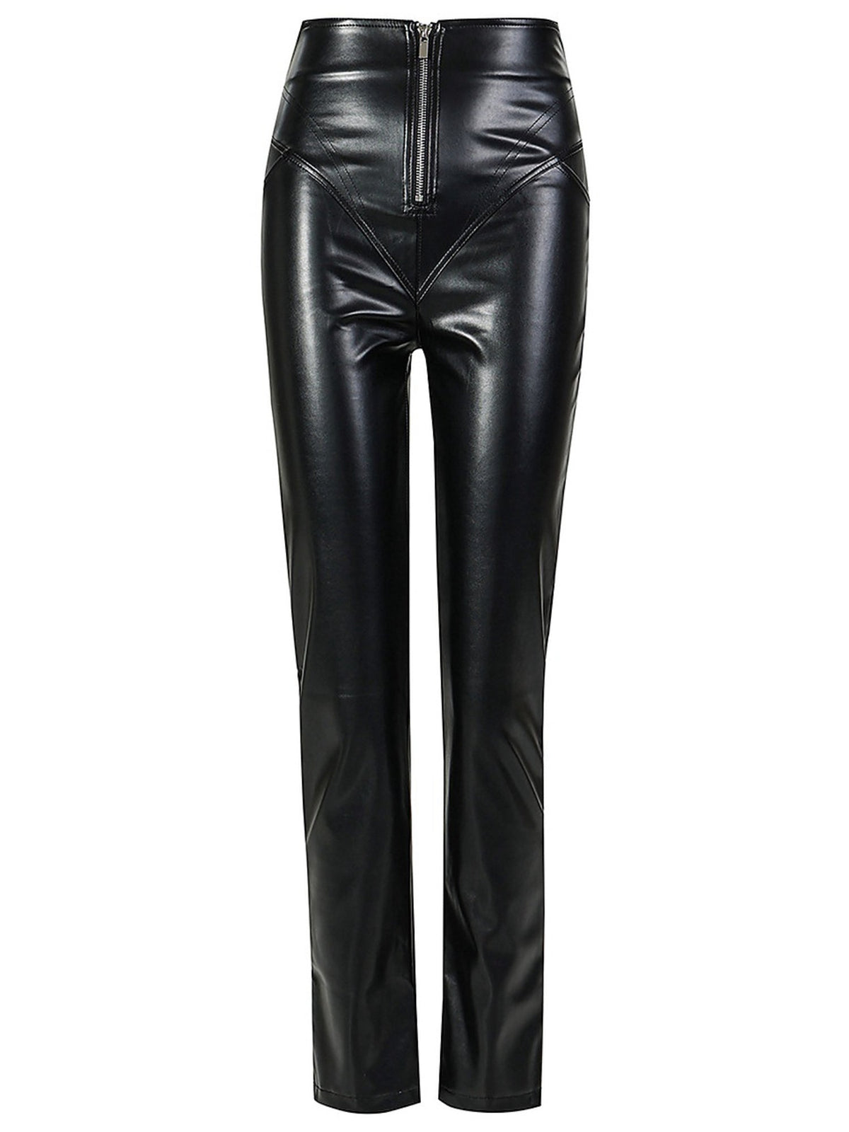High-Waist Liquid Leather Front Zip Slim Fit Pants