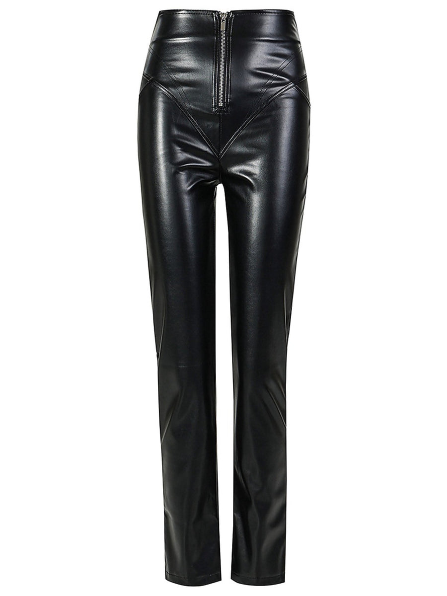 High-Waist Liquid Leather Front Zip Slim Fit Pants
