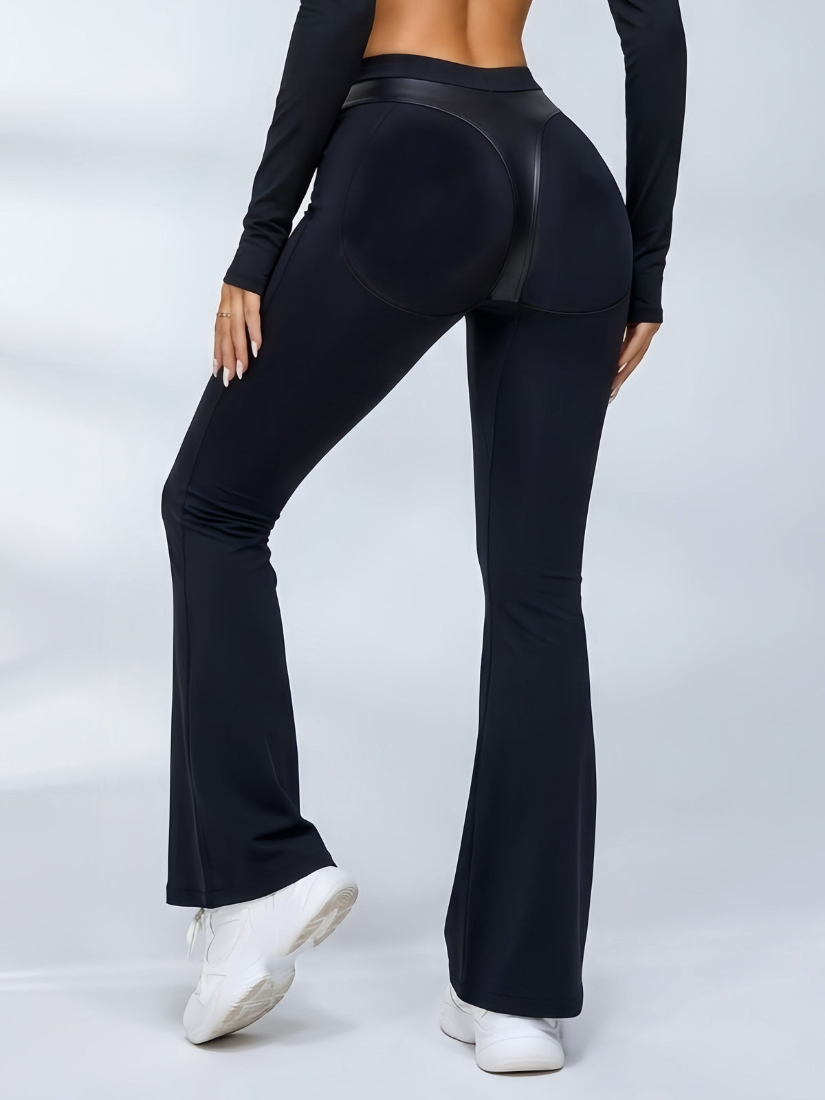 Women's Black Faux Leather Panel Flare Leggings