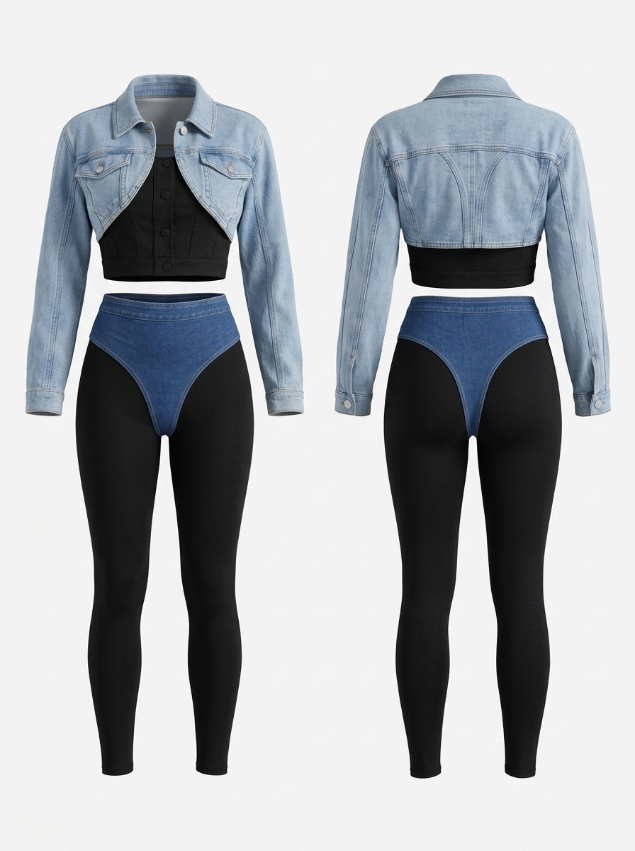 Edgy Denim Thong High Waist Leggings