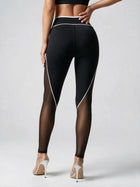 Black Mesh Panel High-Waisted Leggings with White Piping