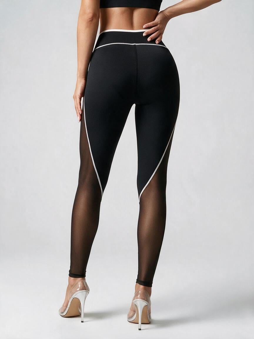 Black Mesh Panel High-Waisted Leggings with White Piping