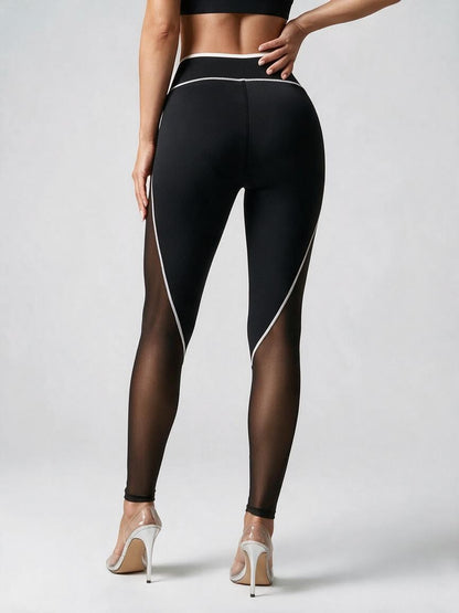 Black Mesh Panel High-Waisted Leggings with White Piping