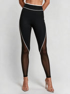 Black Mesh Panel High-Waisted Leggings with White Piping