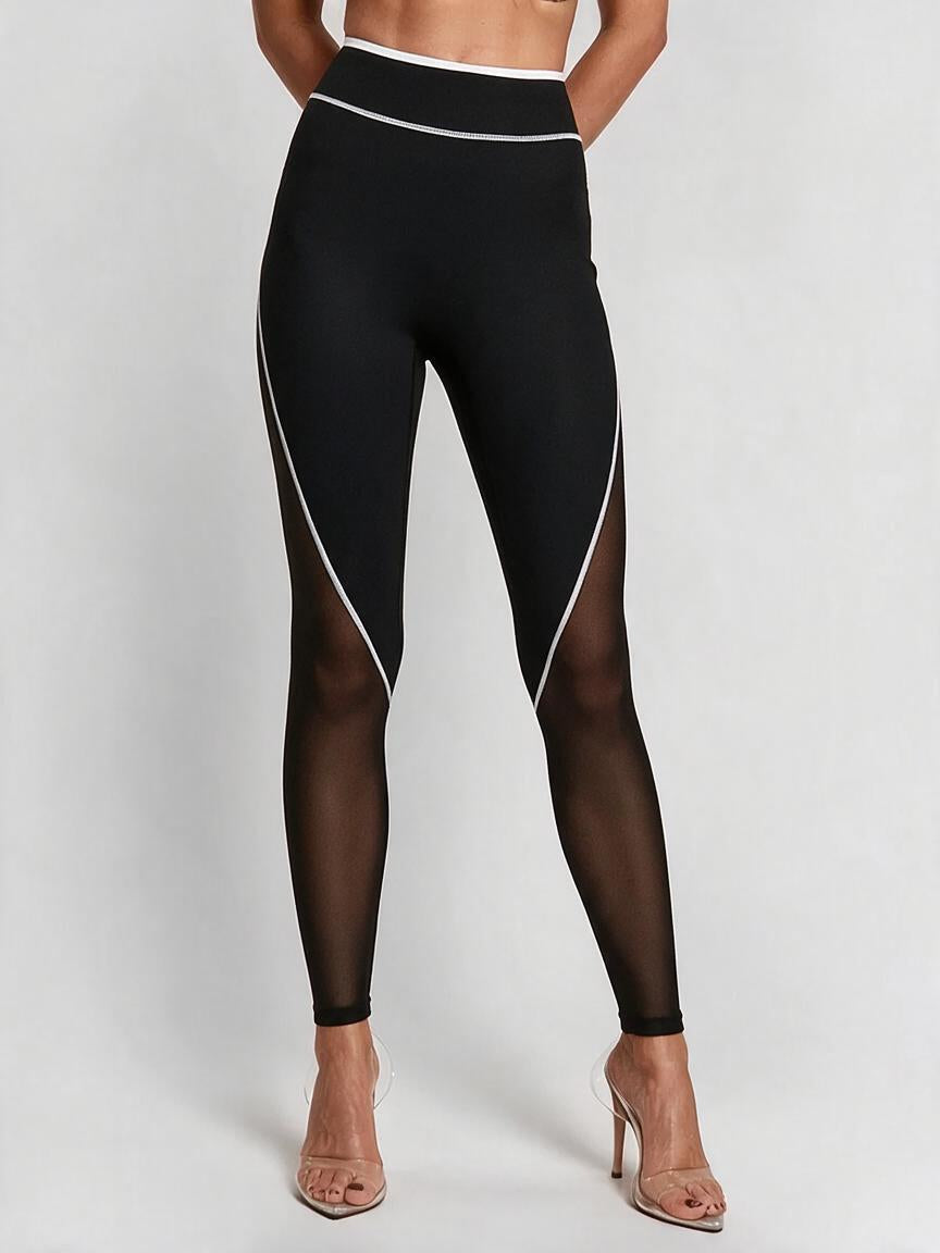 Black Mesh Panel High-Waisted Leggings with White Piping