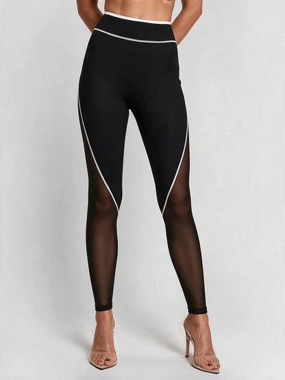 Black Mesh Panel High-Waisted Leggings with White Piping