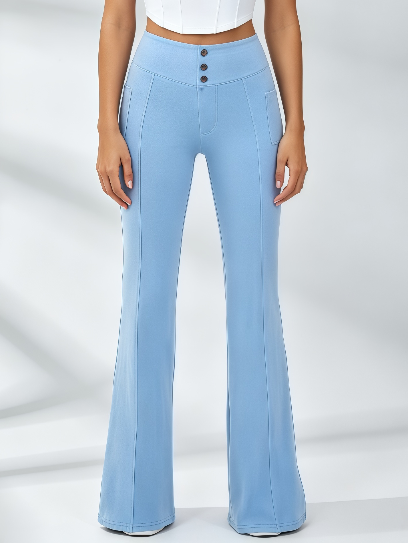 Corset‑Stitch Crop Top & Button‑Detail Pocketed Flare Leggings Set