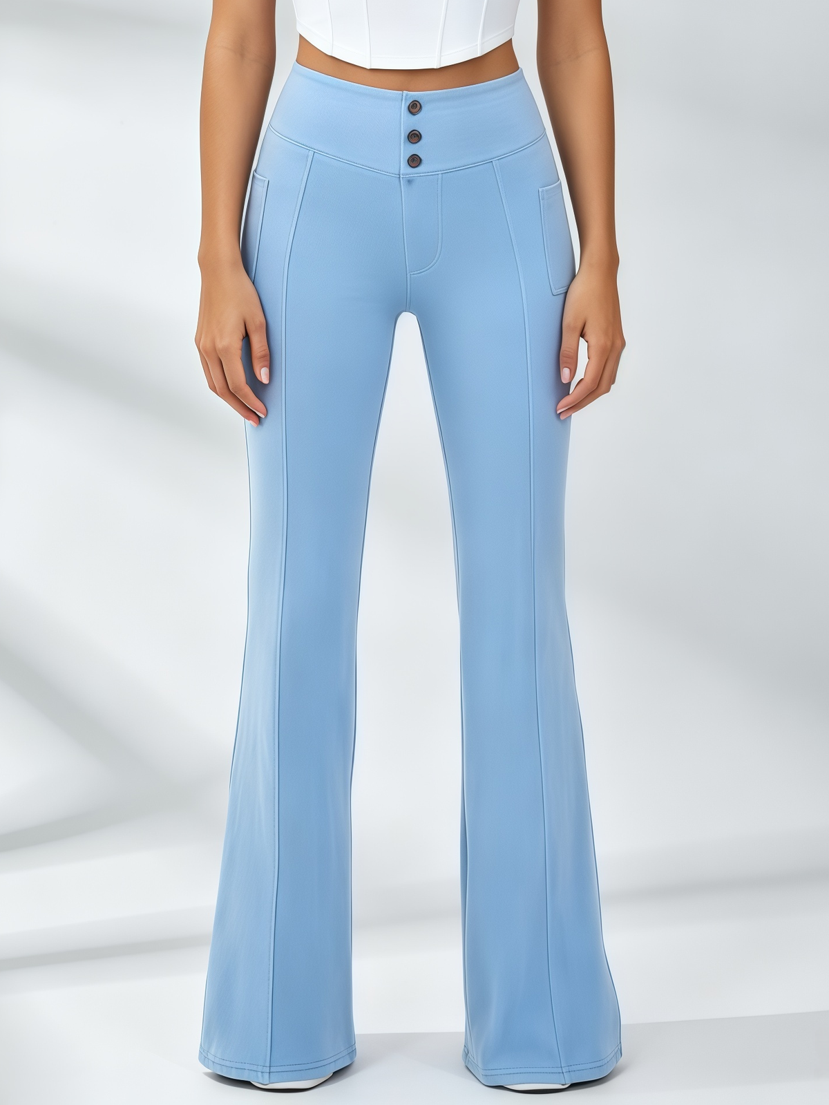 Corset‑Stitch Crop Top & Button‑Detail Pocketed Flare Leggings Set
