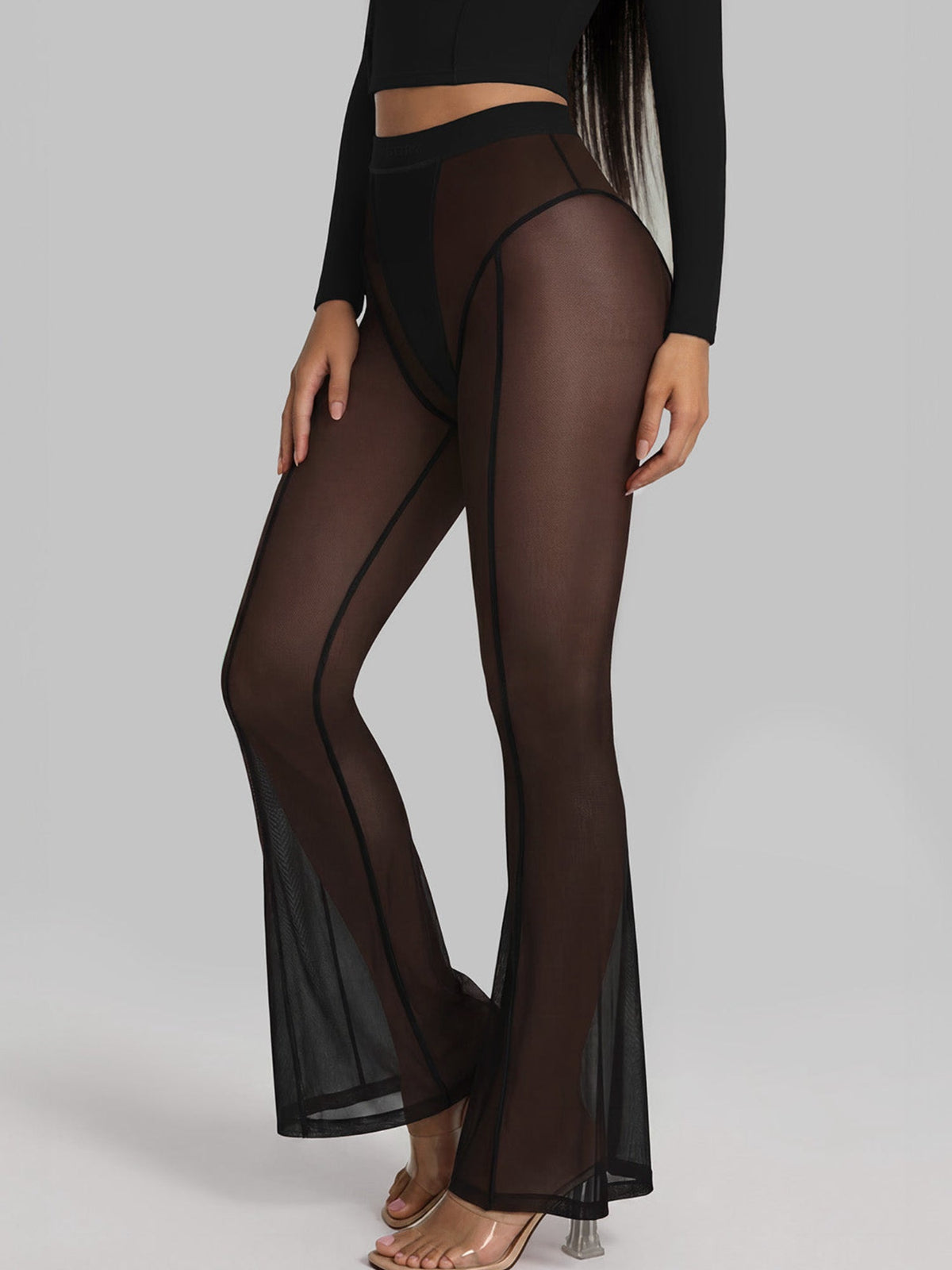Sheer Mesh Flare Pants With Contrast Stitching