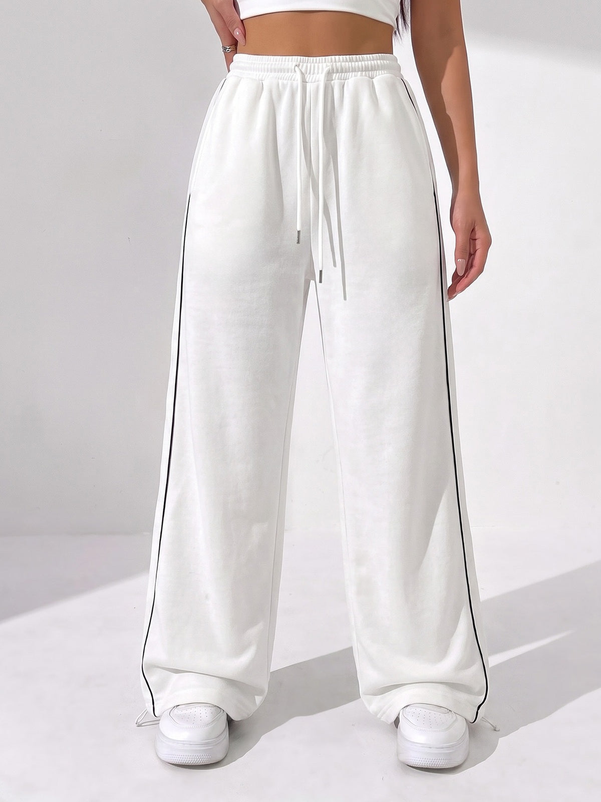Women's Wide Leg Drawstring Track Pants with Side Stripe