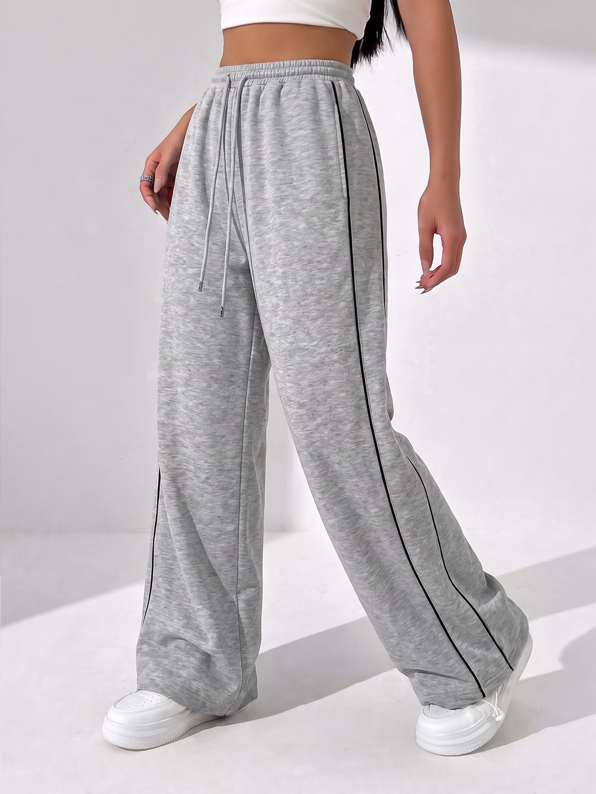 Women's Wide Leg Drawstring Track Pants with Side Stripe