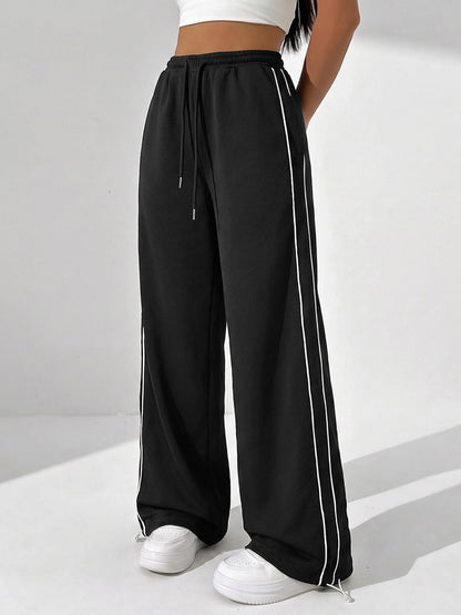 Women's Wide Leg Drawstring Track Pants with Side Stripe